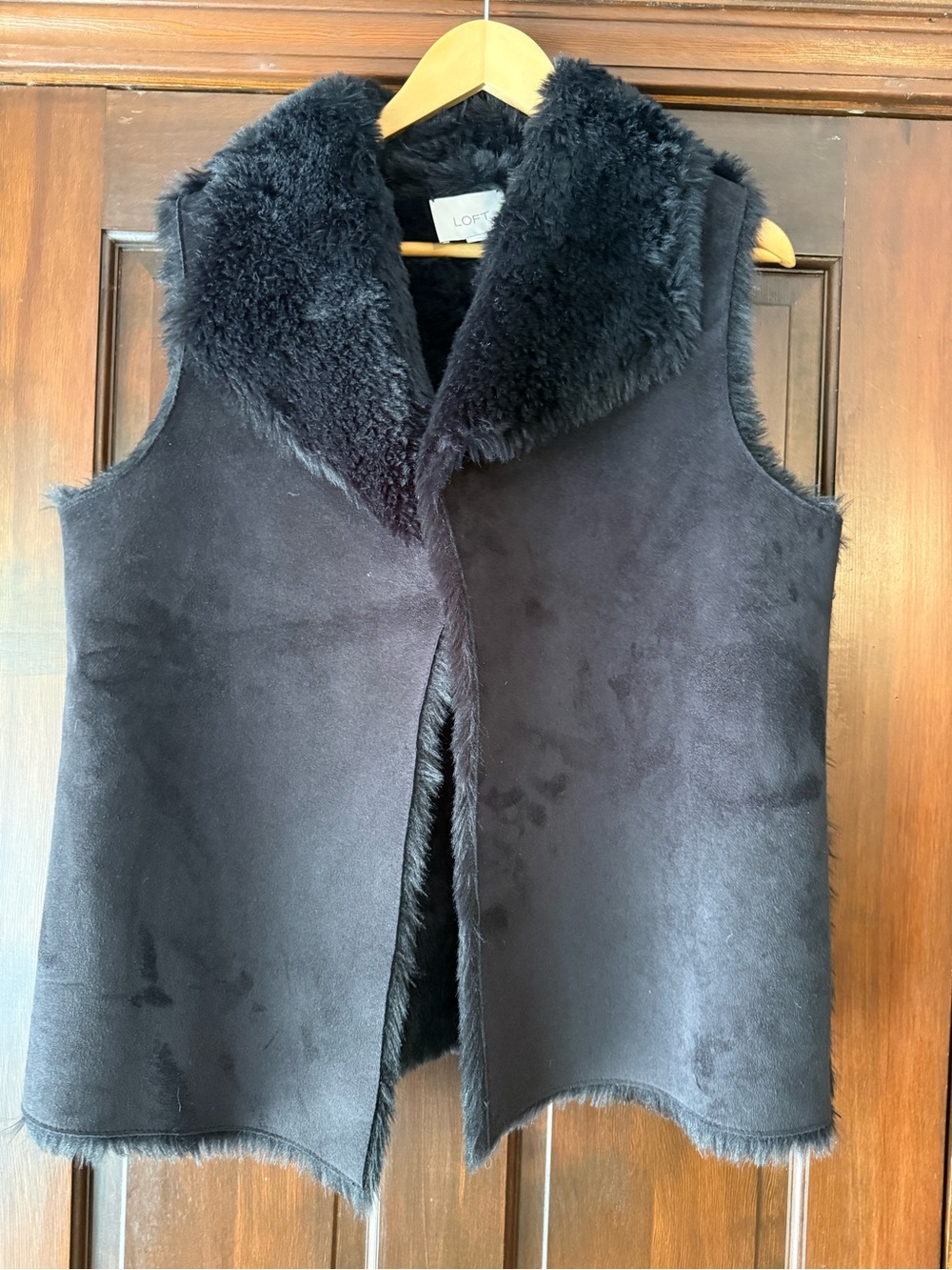 LOFT Black Faux Shearling Open Vest